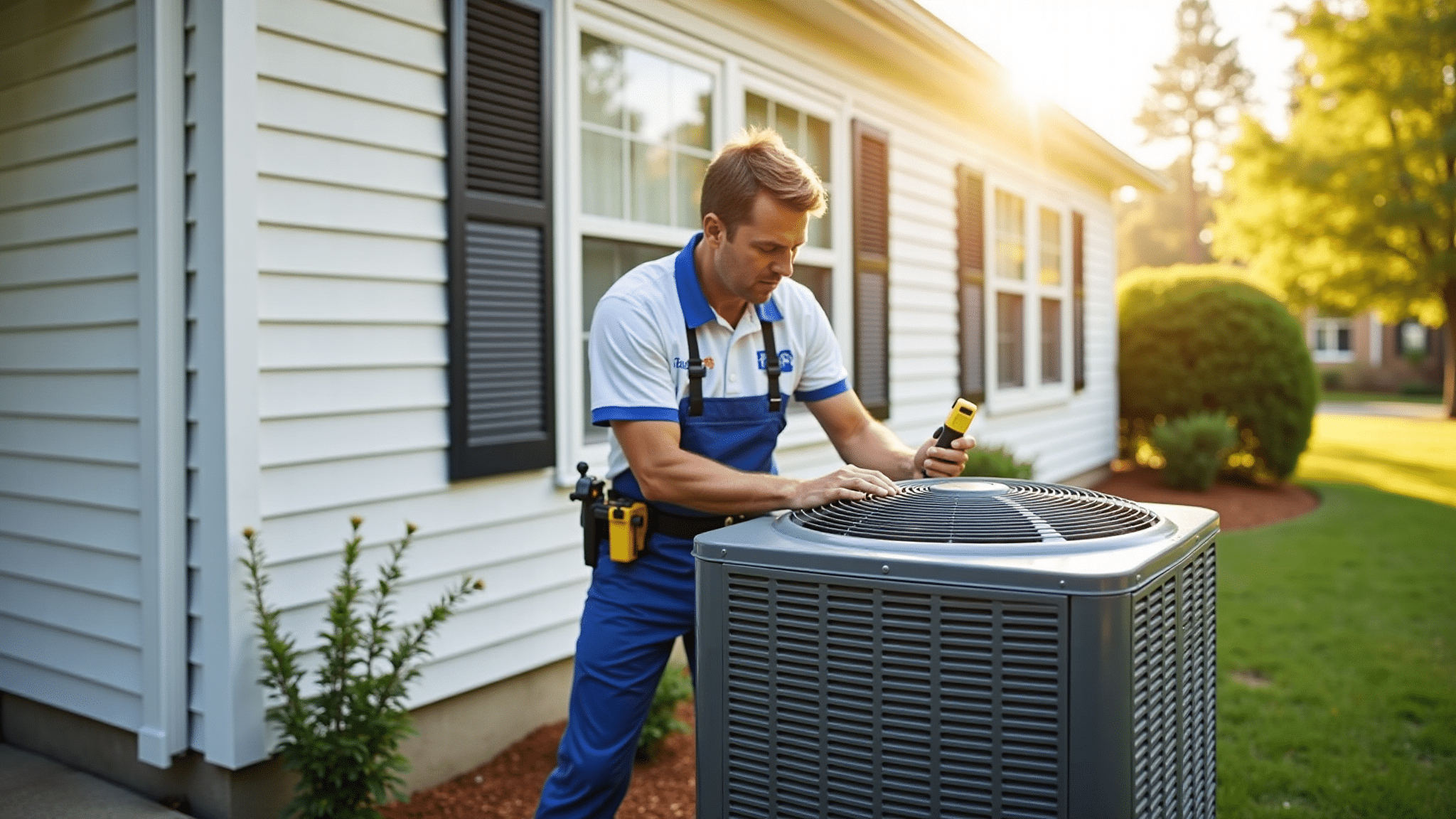 HVAC technician inspecting an outdoor air conditioning unit for AC repair in Irmo SC