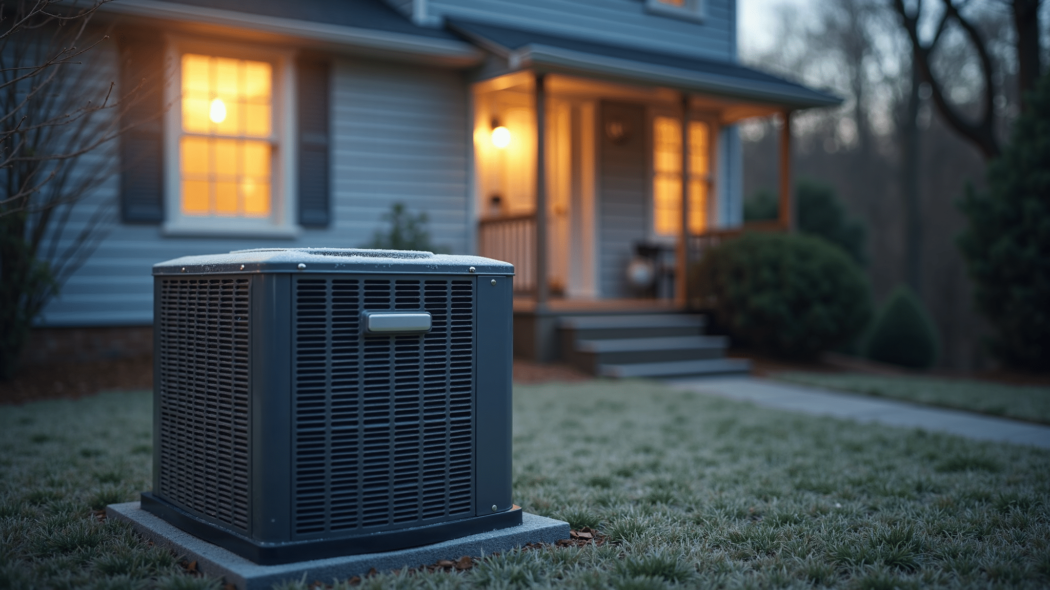 Outdoor heat pump beside a South Carolina home on a cold morning